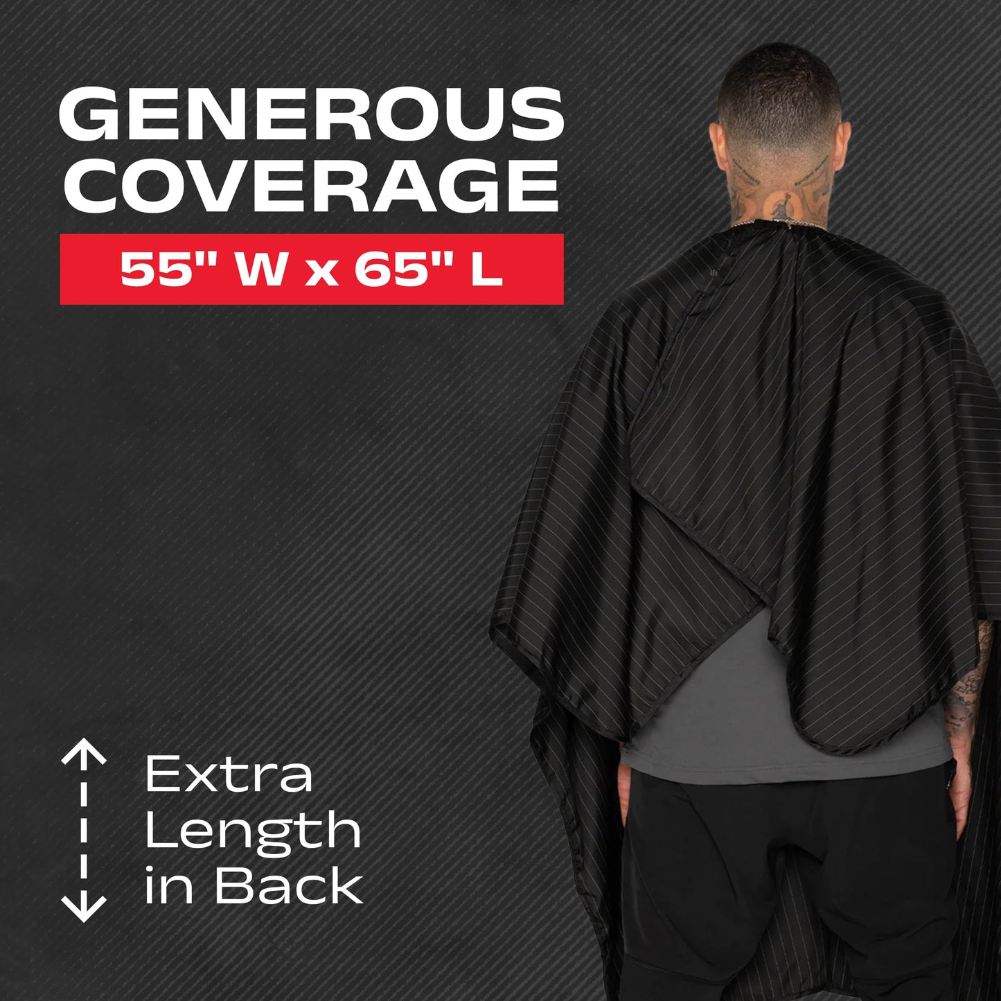 Barber Strong The Barber Cape, Hair Repelling and Static-Reducing Material, Flexible Elastic Neckband for Comfort, Water Resistant Fabric, Oversized for Complete Coverage, Black/White Stripe, 55 x 65"