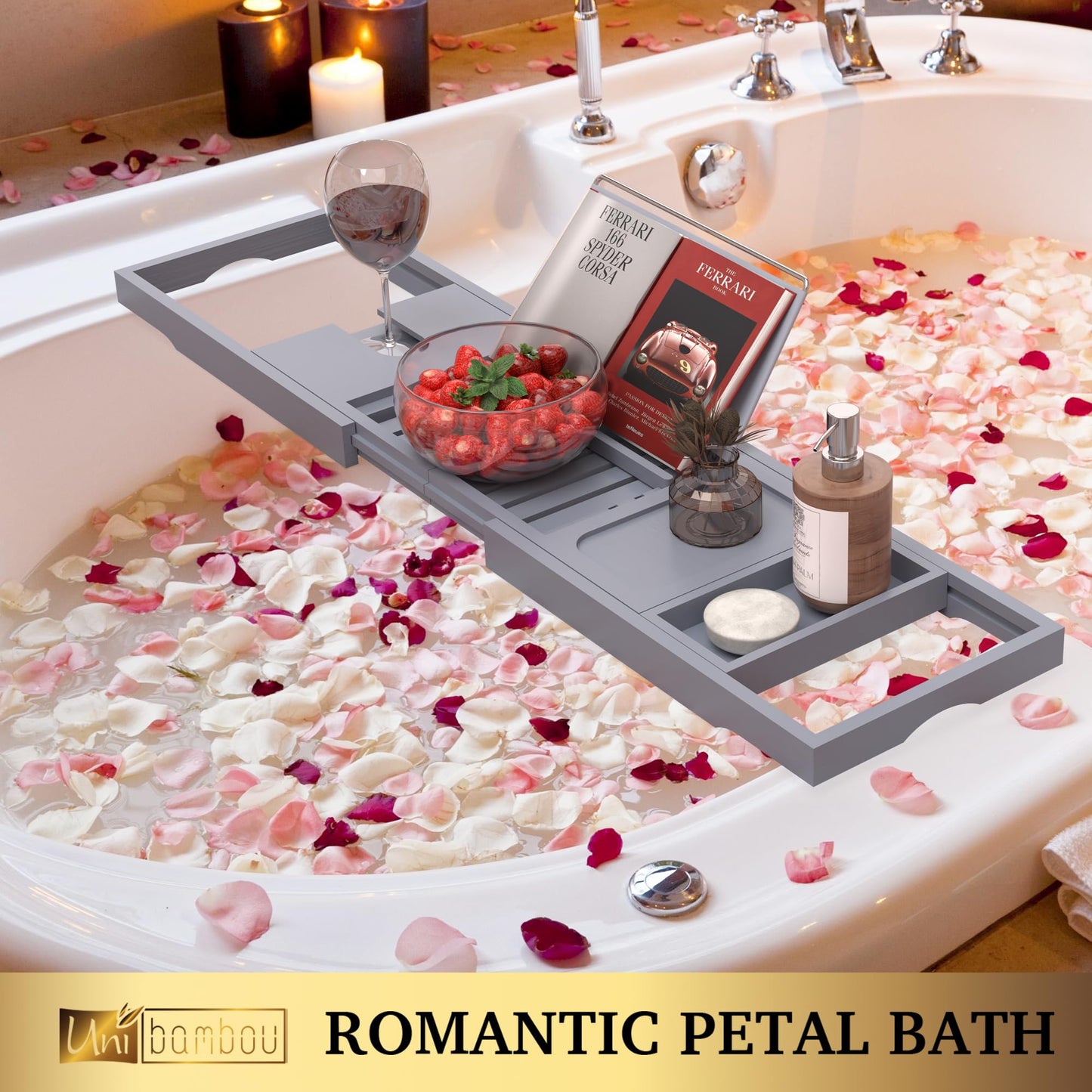 Bamboo Bathtub Caddy Tray for Luxury Bath, Expandable Bath Tray for Tub with Book and Wine Holder- Gift Idea for Loved Ones