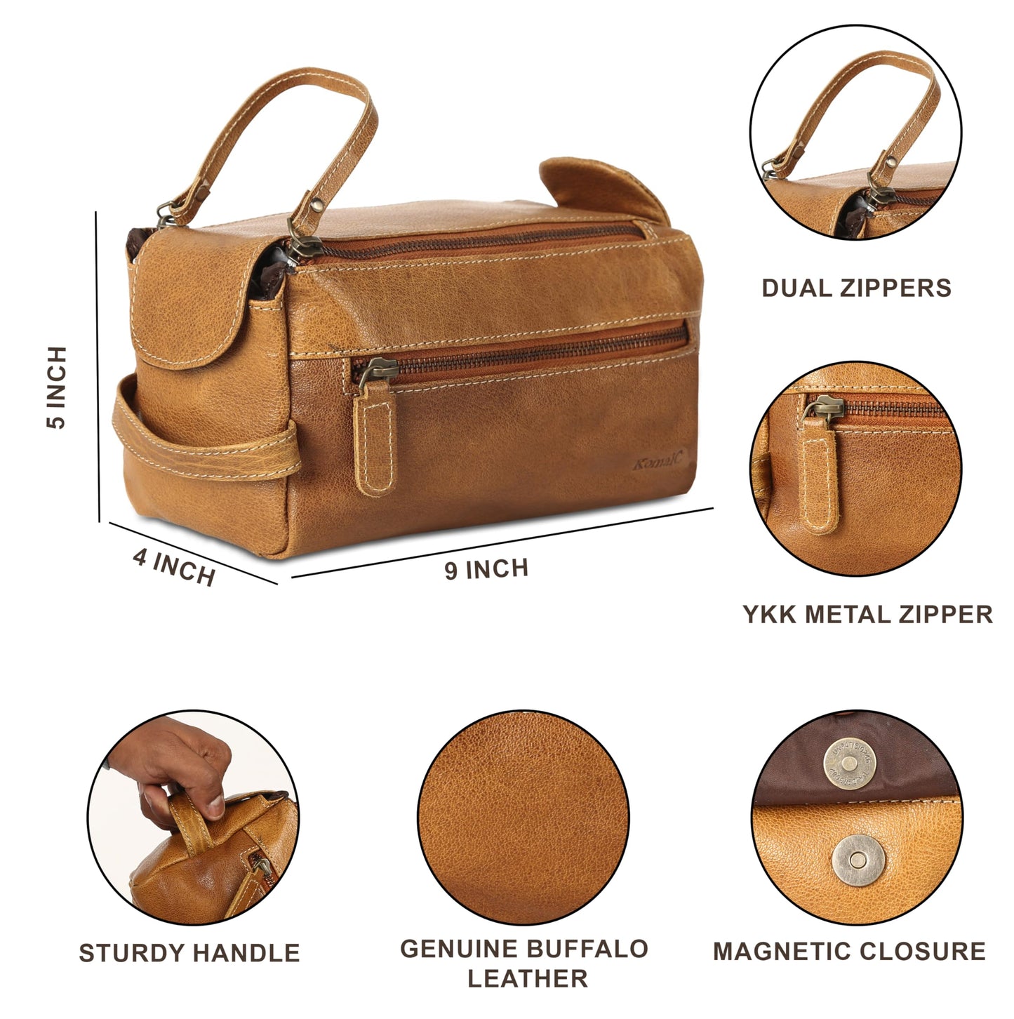 KomalC Premium Buffalo Leather Toiletry Bag for Men & Women With Water resistant Lining, Grooming Travel Pouch, Unisex Wash Bag for Toiletries, Gifts for Men and Women