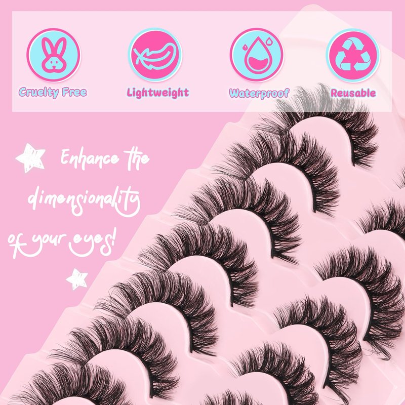 Fyonas Cat Eye Lashes Wispy False Eyelashes Fluffy Faux Mink Lashes 8 Pairs D Curl Fake Lashes Multi-layered Strip Lashes 8-18mm Lash Kit with Lash Glue and Tweezers (Hottie)