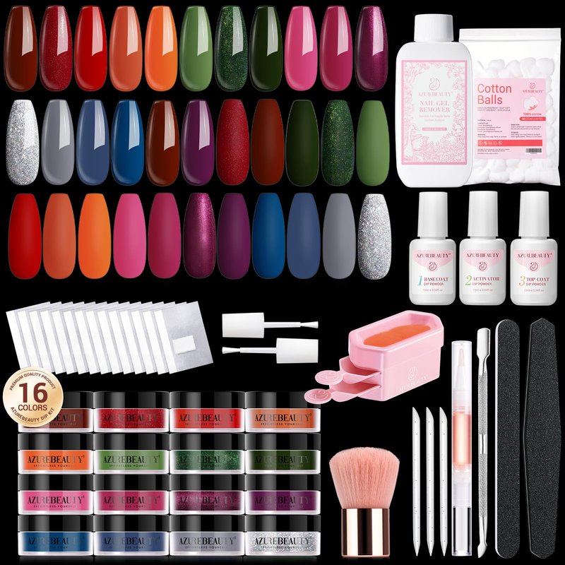 AZUREBEAUTY 130 Pcs Dip Powder Nail Kit ,16 Colors Brown Purple Green with Top/Base Coat Professional Glitter or DIY Salon Gifts