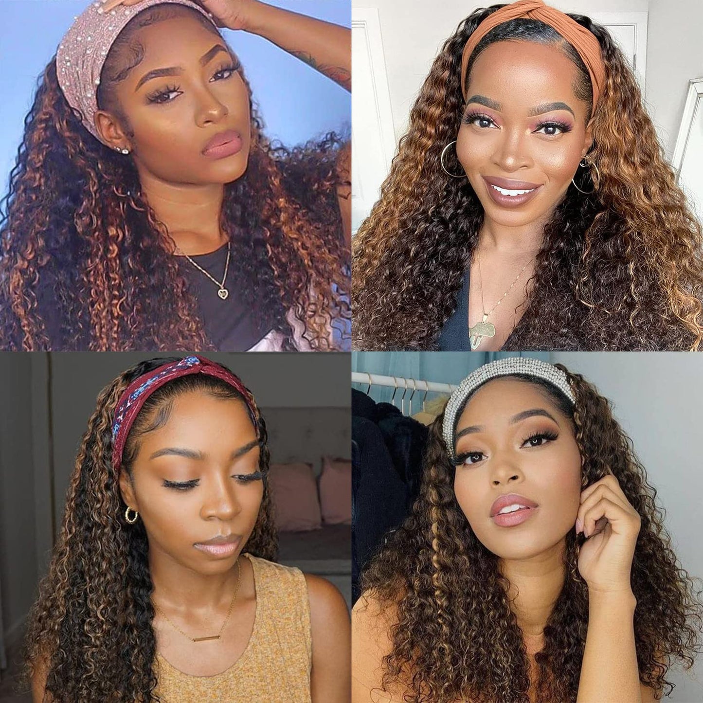 Aiterina Headband Wig deep wave human hair wigs for Black Women Brazilian Remy Hair Glueless Non Lace Front Wig Wear and Go Wigs Machine Made 150% Density (12 inch, 4/27 Highlight)