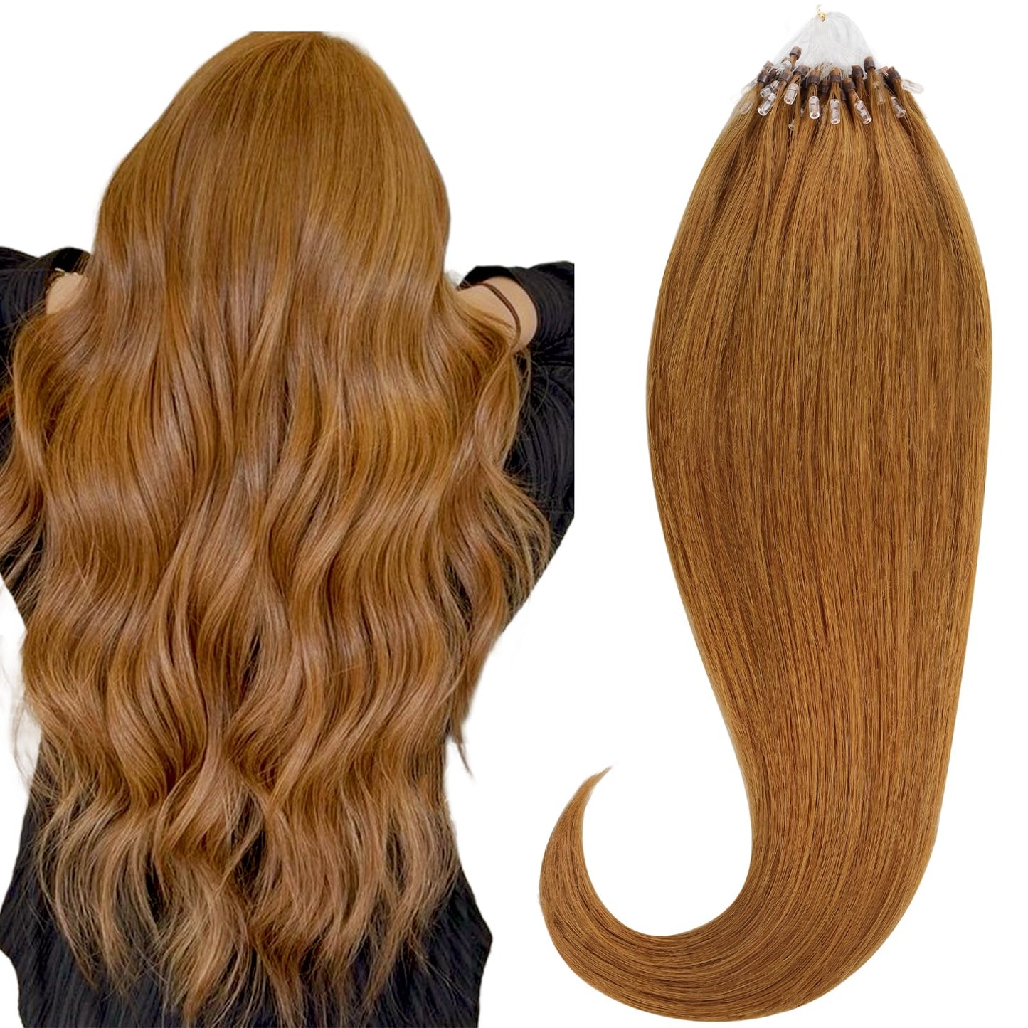 HOTBANANA Micro Ring Hair Extensions Human Hair, 16 inch 50g 50s Auburn Ginger Micro Beads Real Human Hair Extensions Straight Micro Link Micro Loop Hair Extensions