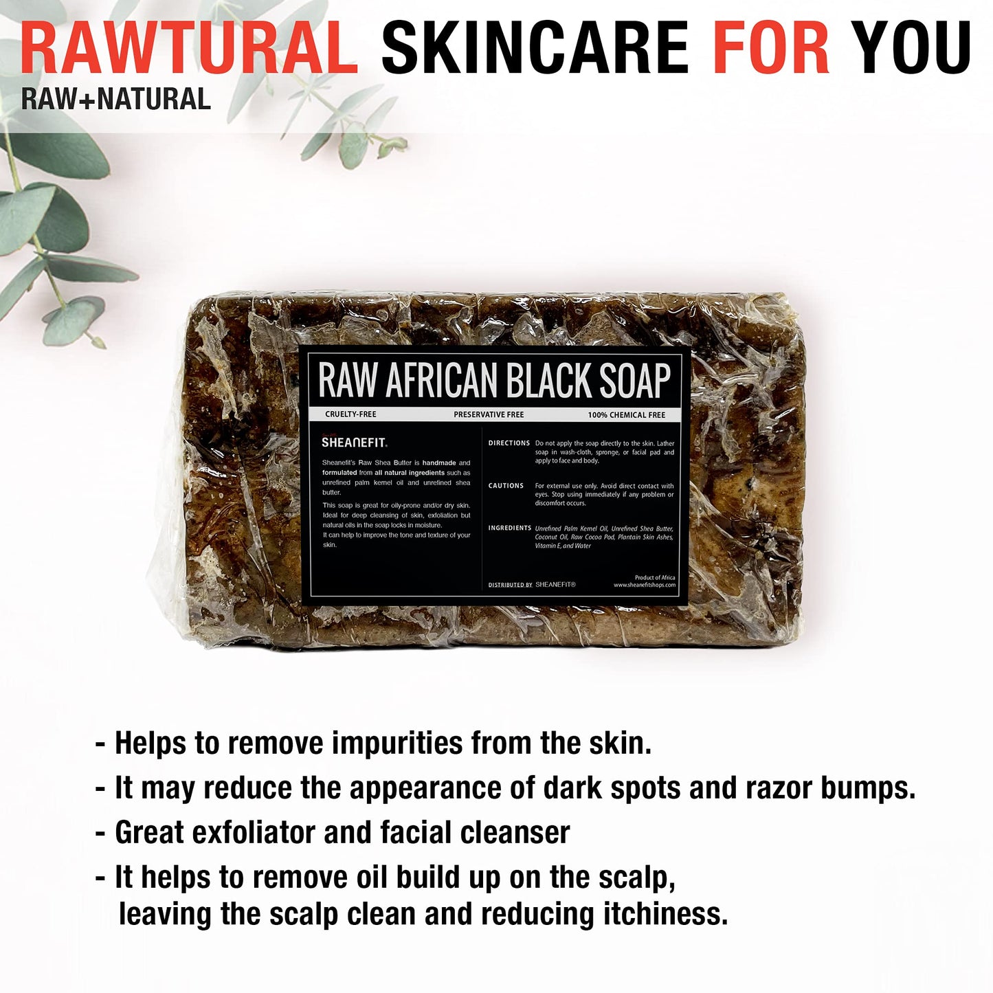 Sheanefit Raw African Black Soap Bar - For All Skin Types - Face, Body, Hair Soap Bulk Bars (15 Ounce (Pack of 5))