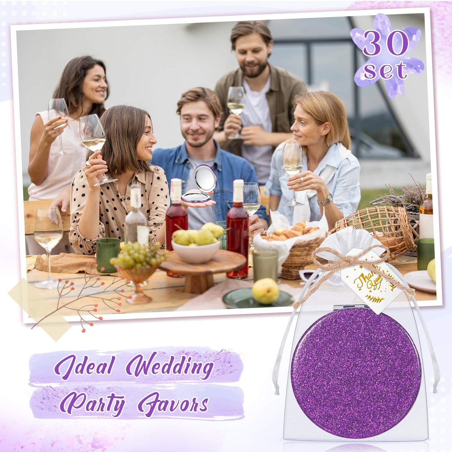 Chunful 30 Sets Compact Magnifying Mirrors Gifts with Thank You Card and Rope Quinceanera Party Favors for Guests Bridal Shower Wedding Souvenir Bridesmaids Mother's Day(Purple)