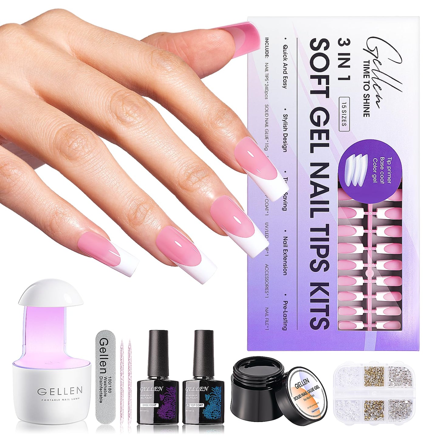 Gellen Pink Press on Nails Kit - Long Square French Tips Press on Nails 240pcs Soft Gel Nails, French Tip Nail Extension Kit