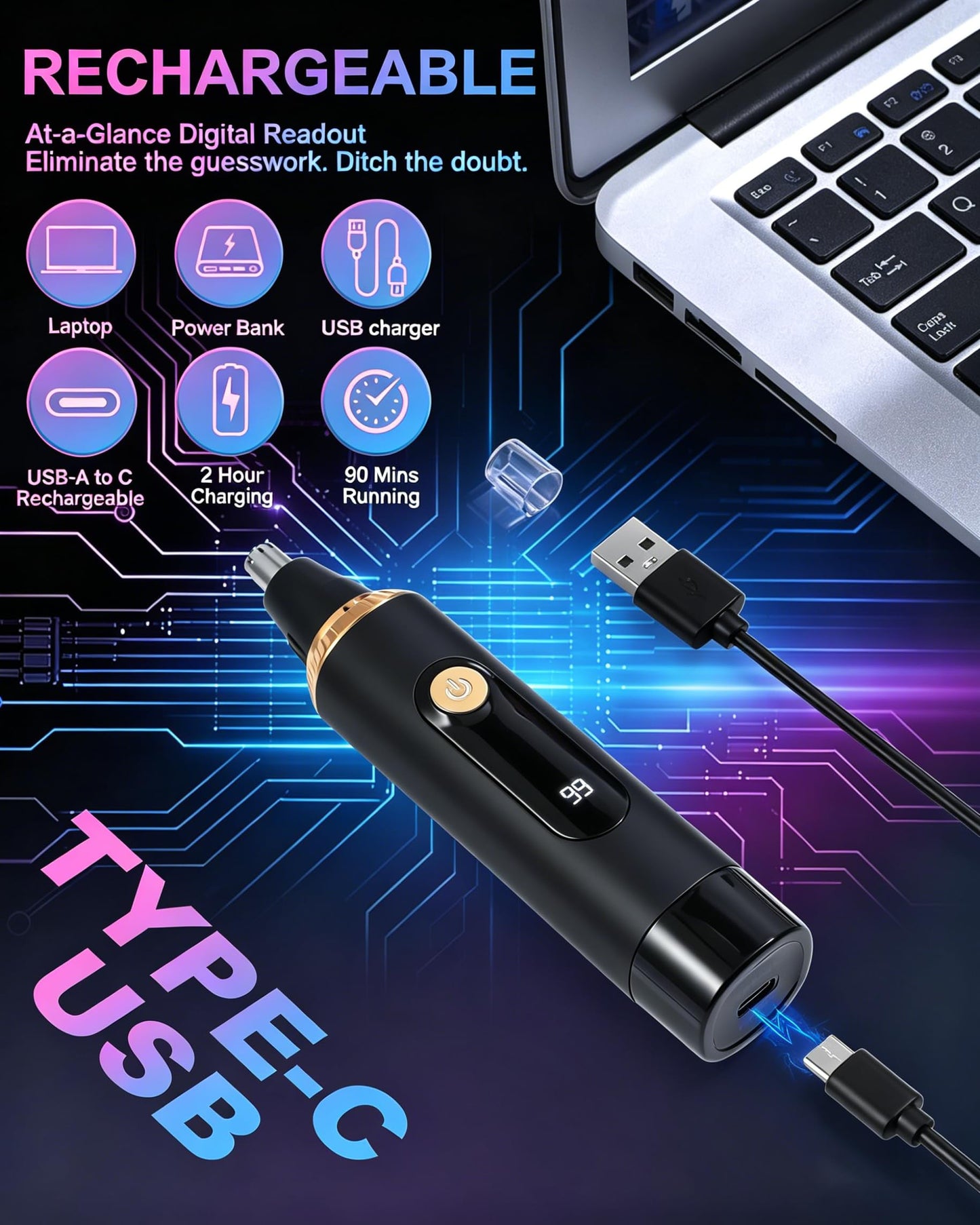 RAXMETRY Nose Hair Trimmer for Men and Women,2026 Professional Painless IPX7 Waterproof Eyebrow & Facial Hair Trimmer,USB Rechargeable with LED Display Dual-Edge Blades,Black