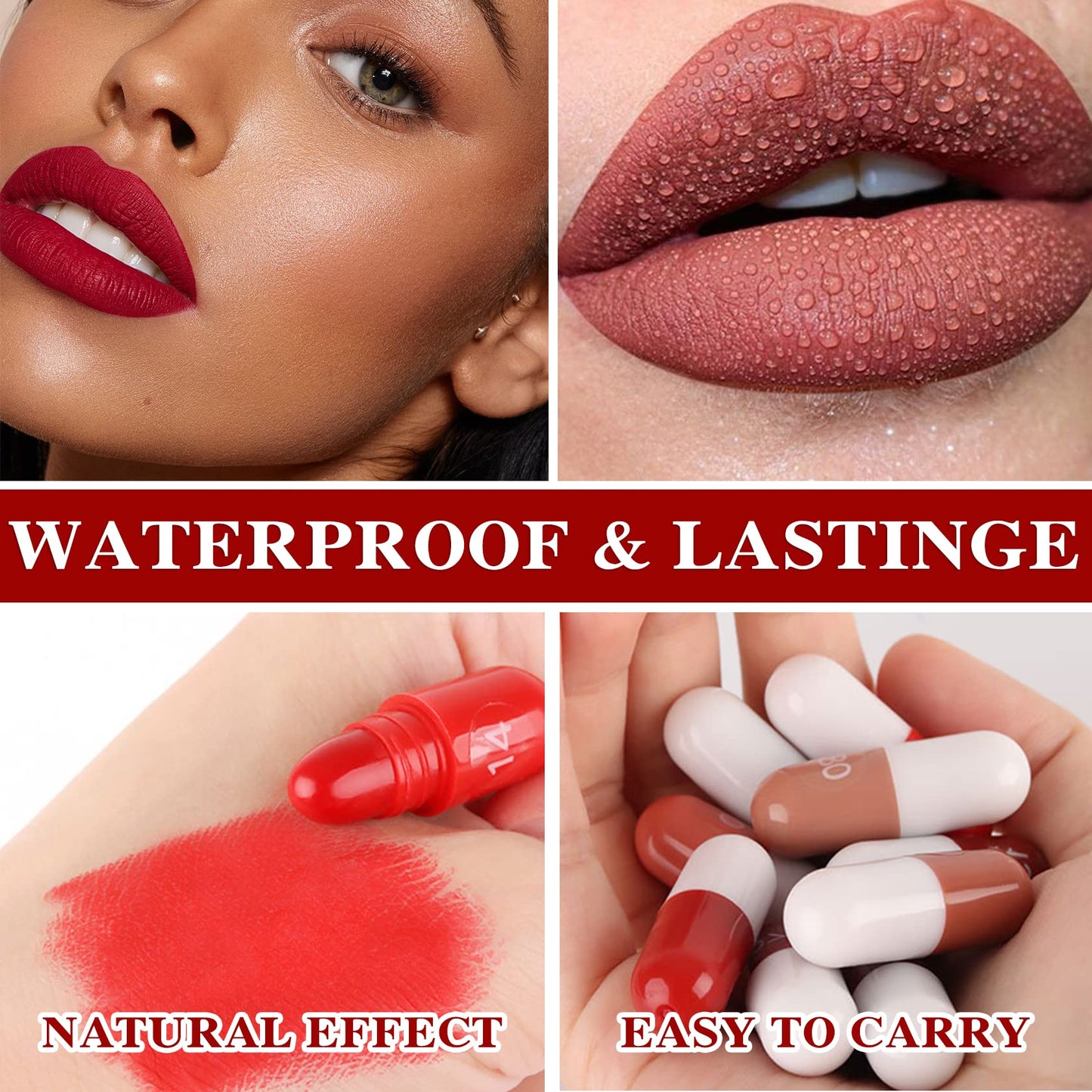 Fusang 18Pcs Mini Capsule Pills Lipstick Makeup Sets for Women - Highly Pigmented, Long Lasting, Waterproof, Matte Mini Red Pill Lipstick Set
