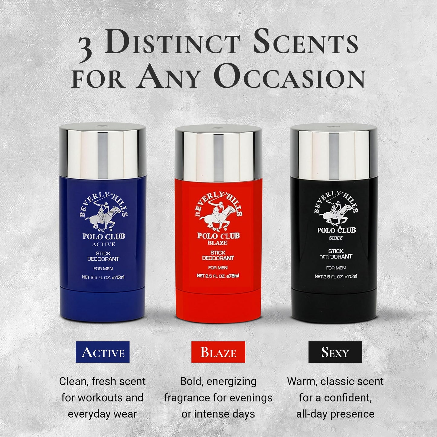 Beverly Hills Polo Club Men’s Deodorant Stick Gift Set – 3 Piece Collection (Active, Blaze & Sexy) – Long-Lasting Solid Stick Deodorants for Daily Freshness & Odor Protection – 3 x 2.5 oz / 75 ml