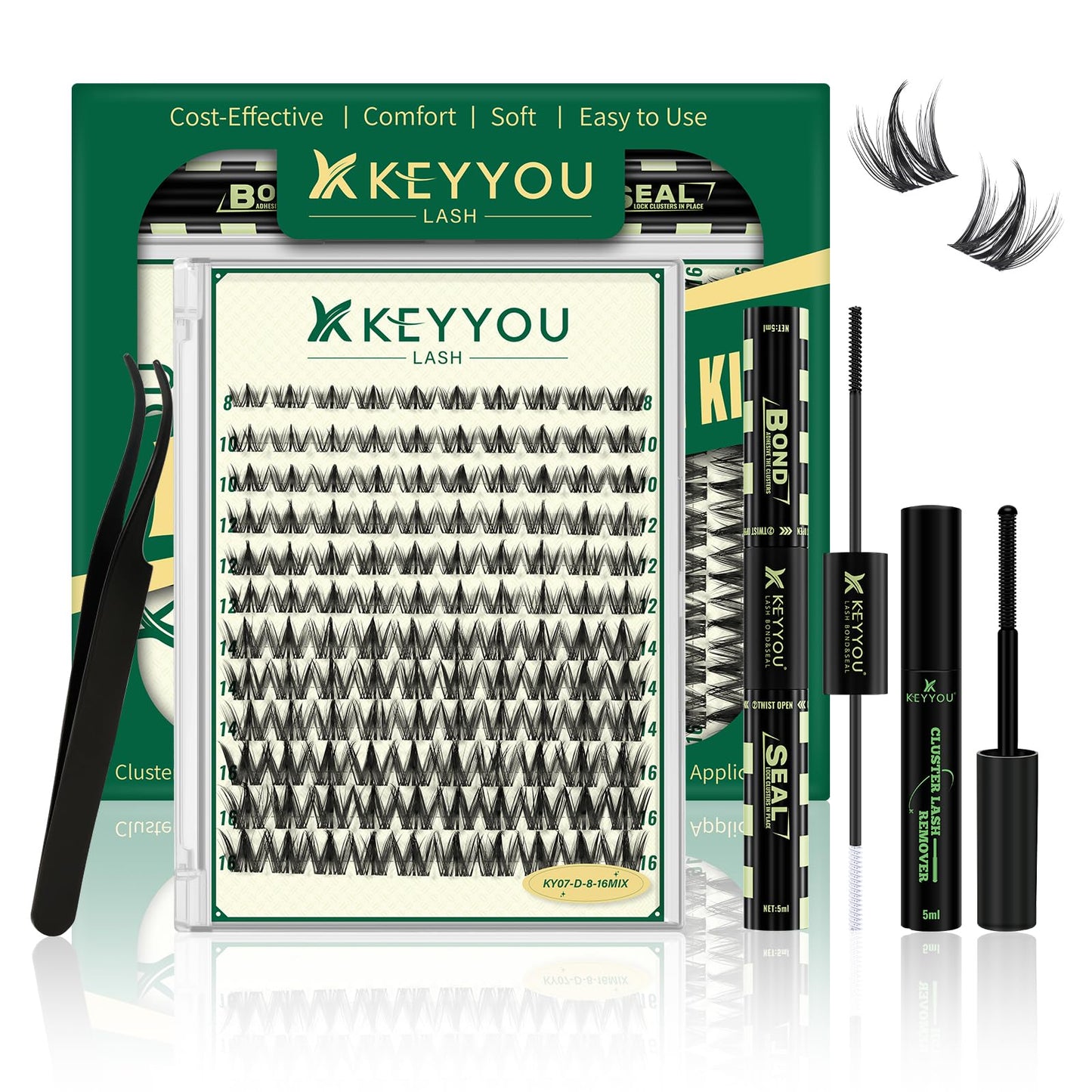 KEYYOULASH Lash Clusters Kit Natural 120pcs 8-18MIX Lash Extension Kit with Spiky Lash Clusters D Curl with Bond and Seal,Remover,Applicators for DIY Manga Eyelash Clusters at Home (KY07 Kit)