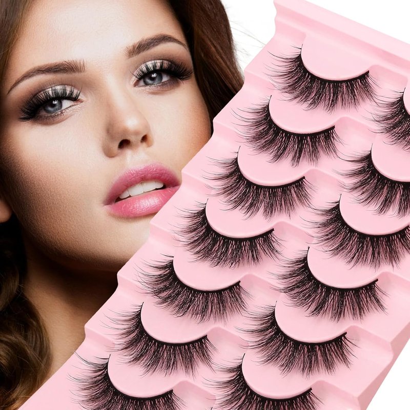 3D Volume Faux Mink False Eyelashes - Natural Looking Manga Lashes | 16mm Wispy Anime Strip Lashes - 7 Pairs for Cosplay