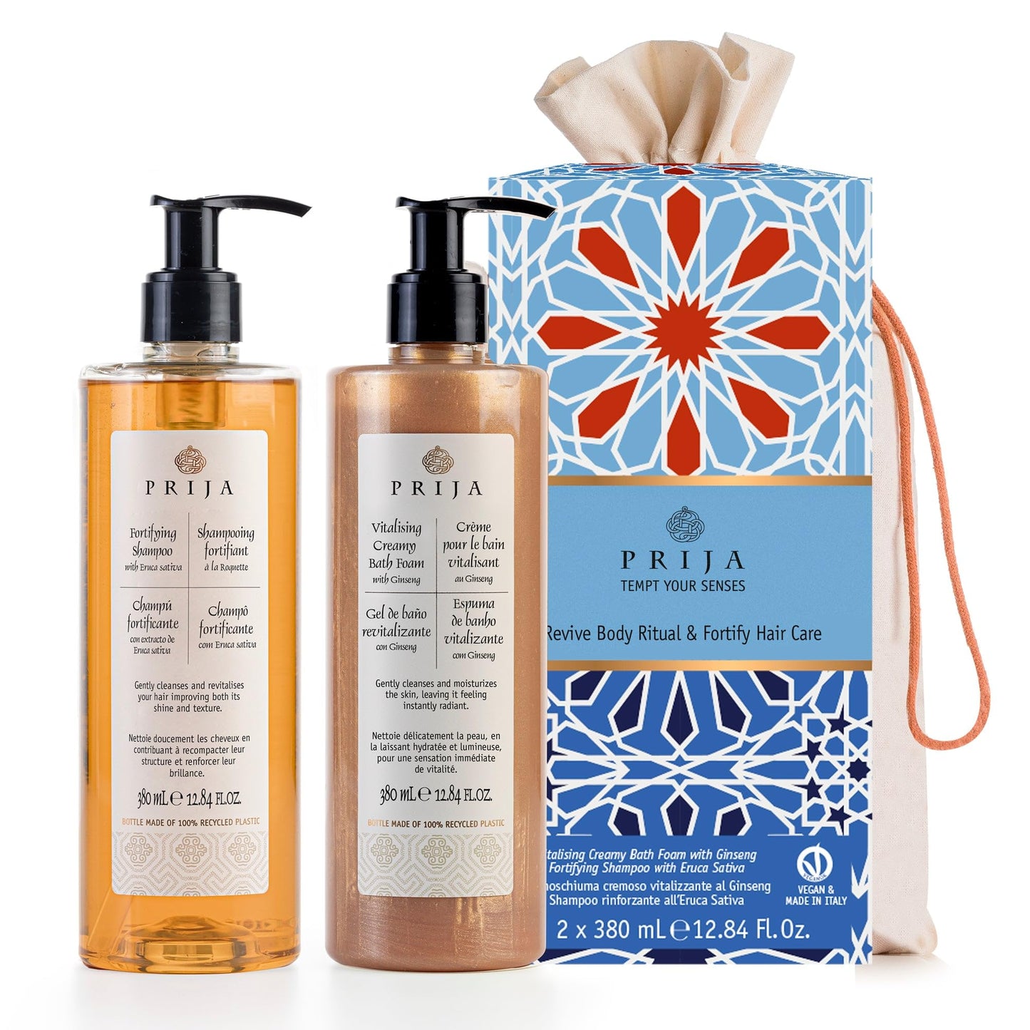 Prija Hair and Body Gift Set with Fortifing Shampoo and Vitalising Creamy Bath Foam with Natural Oils and Warm Notes of Vanilla, Cardamom and Cedar Wood 2 x 12.85 fl oz