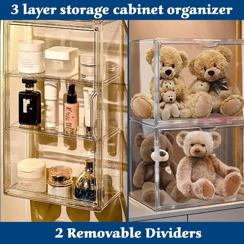 Acrylic Display Case - 2 Pack with Magnetic Door & Adjustable Dividers | Stackable 3-Tier Organizers