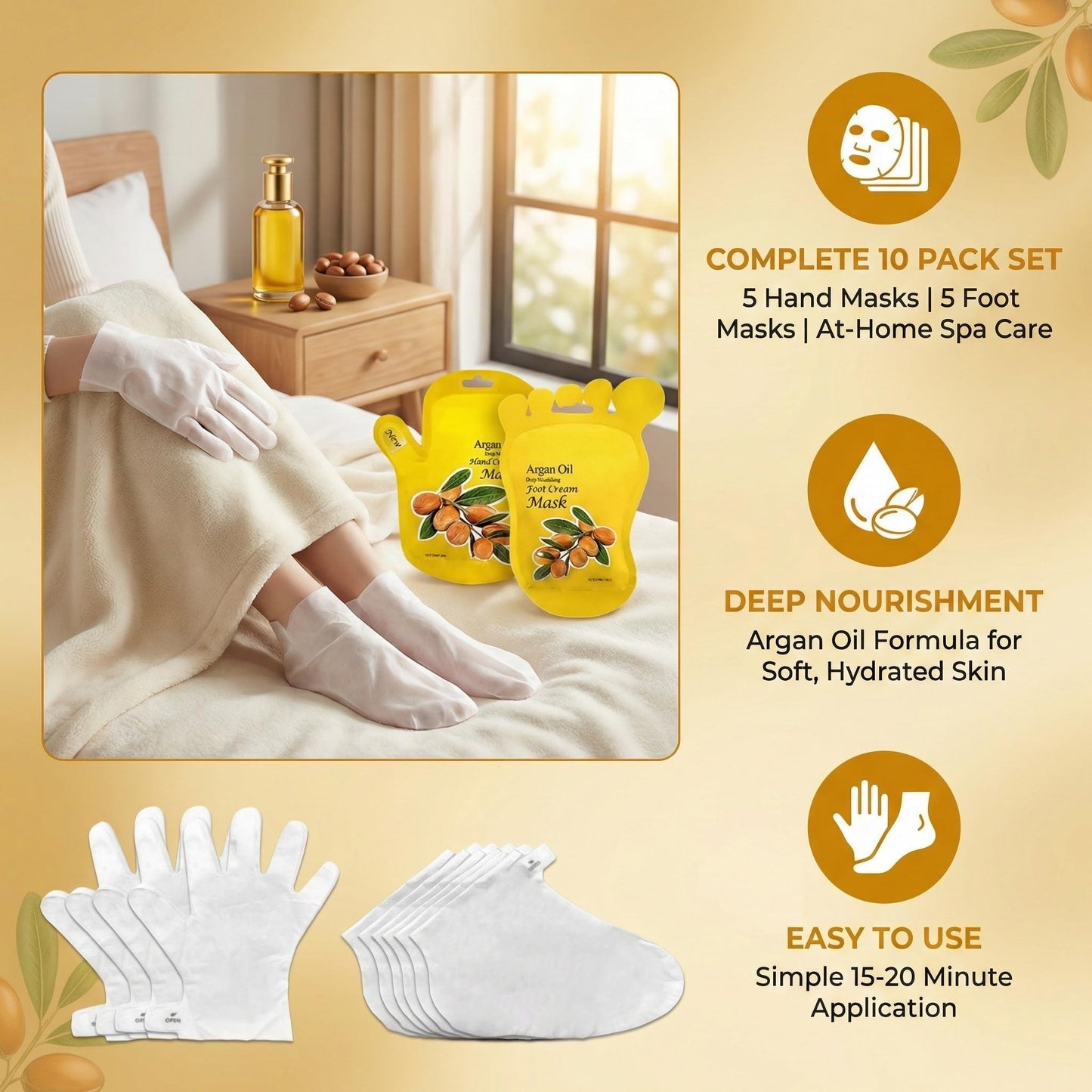 Elitzia Argan Oil Hand Mask & Foot Mask Set 10 Packs (5 Socks & 5 Gloves) Deep Nourishing Moisturizing Hydrating Gloves for Dry Cracked Rough Hands & Feet Self-Care Home Spa for Women Seniors ETAO10