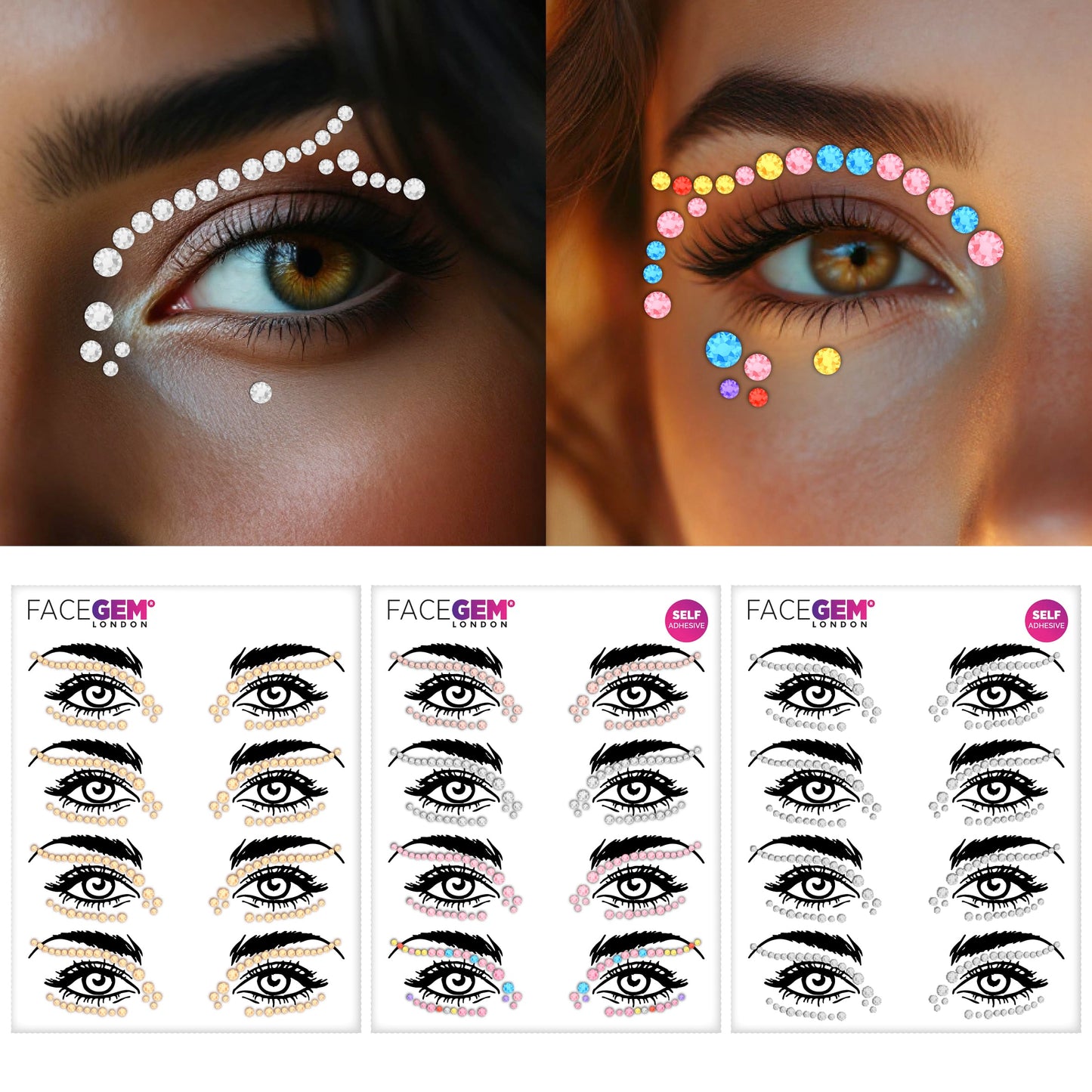 Face Gems – Face Jewels - Self-Adhesive Rhinestone Face Jewels for Makeup, Party & Rave Looks - Eye Gems, Face Glitter, Festival Face Gems, Glitter Tattoo, Self- Adhesive Festival Gems (3 Sheet Mix)