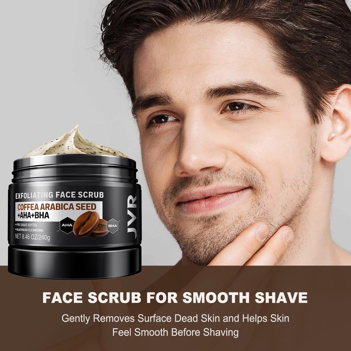 JVR Face Scrub for Men, Facial Scrub for Deep Exfoliating, Cleansing Blackheads, Ingrown Hair, Pre-shave Soften, Organic Formulated with Coffee Extract, AHA and BHA Face Exfoliator (8.46 oz)