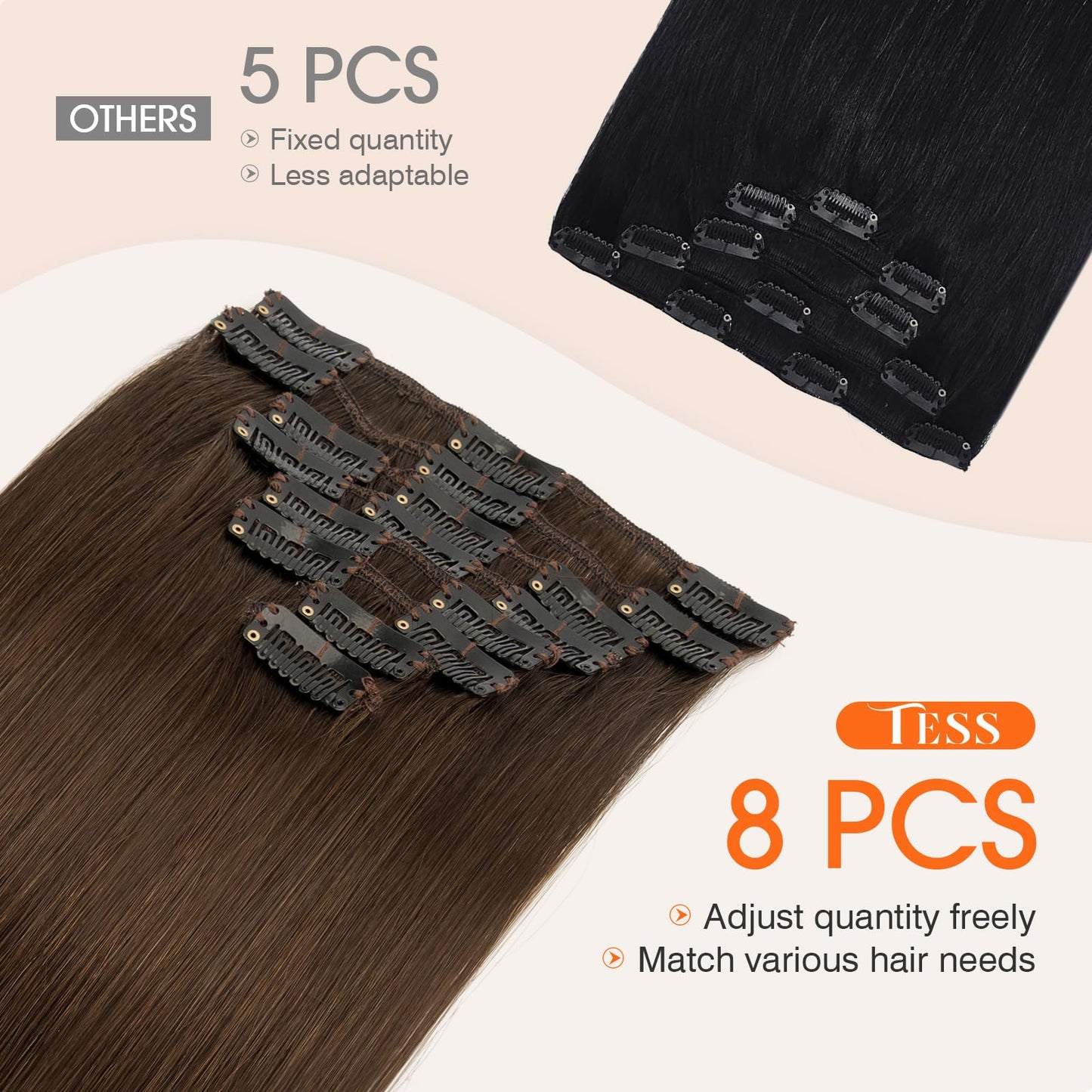 TESS Seamless Clip in Hair Extensions Human Hair Remy Clip ins Natural Soft Straight 8pcs 18Clips, 14 Inch, Dark Brown
