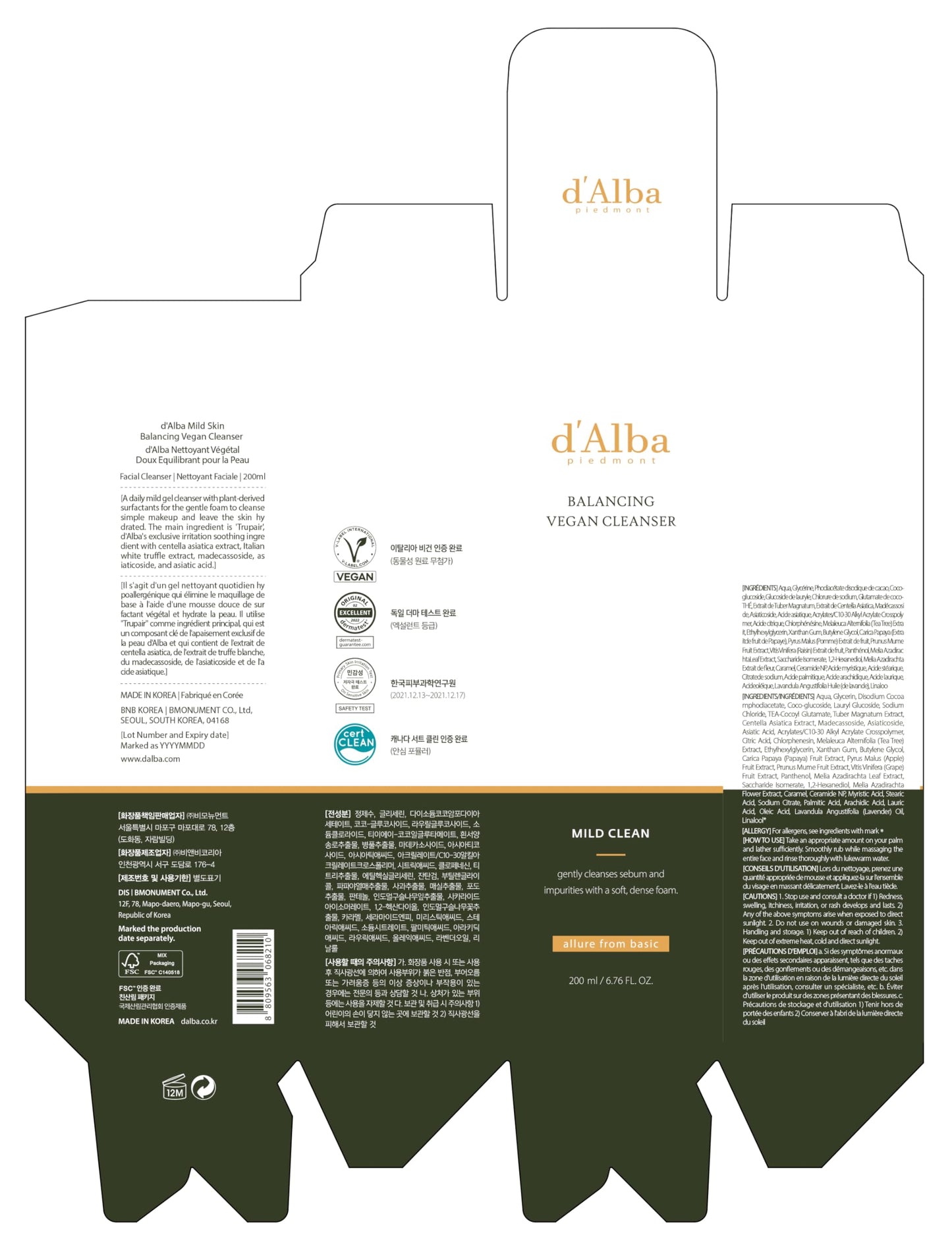 d'alba Piedmont Italian White Truffle Mild Skin Balancing Vegan Cleanser, Hydrating and Calming, Mild pH Cleanser with White Truffles for Sensitive Skin, Non-Tightening Gentle Formula
