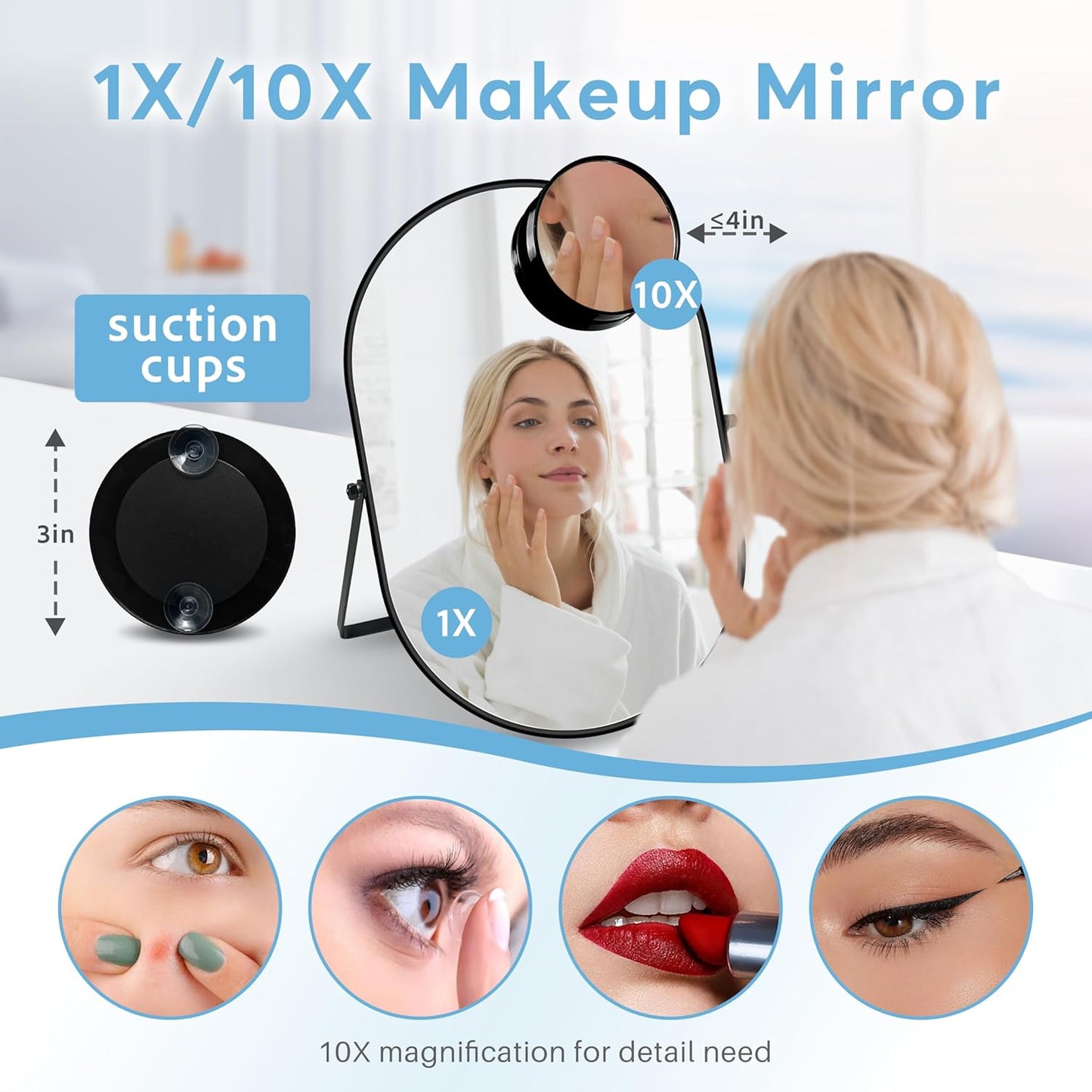 360° Adjustable Vintage Metal Framed Desk Mirror - Tabletop Vanity Mirror with 10X Magnification | Black Oval