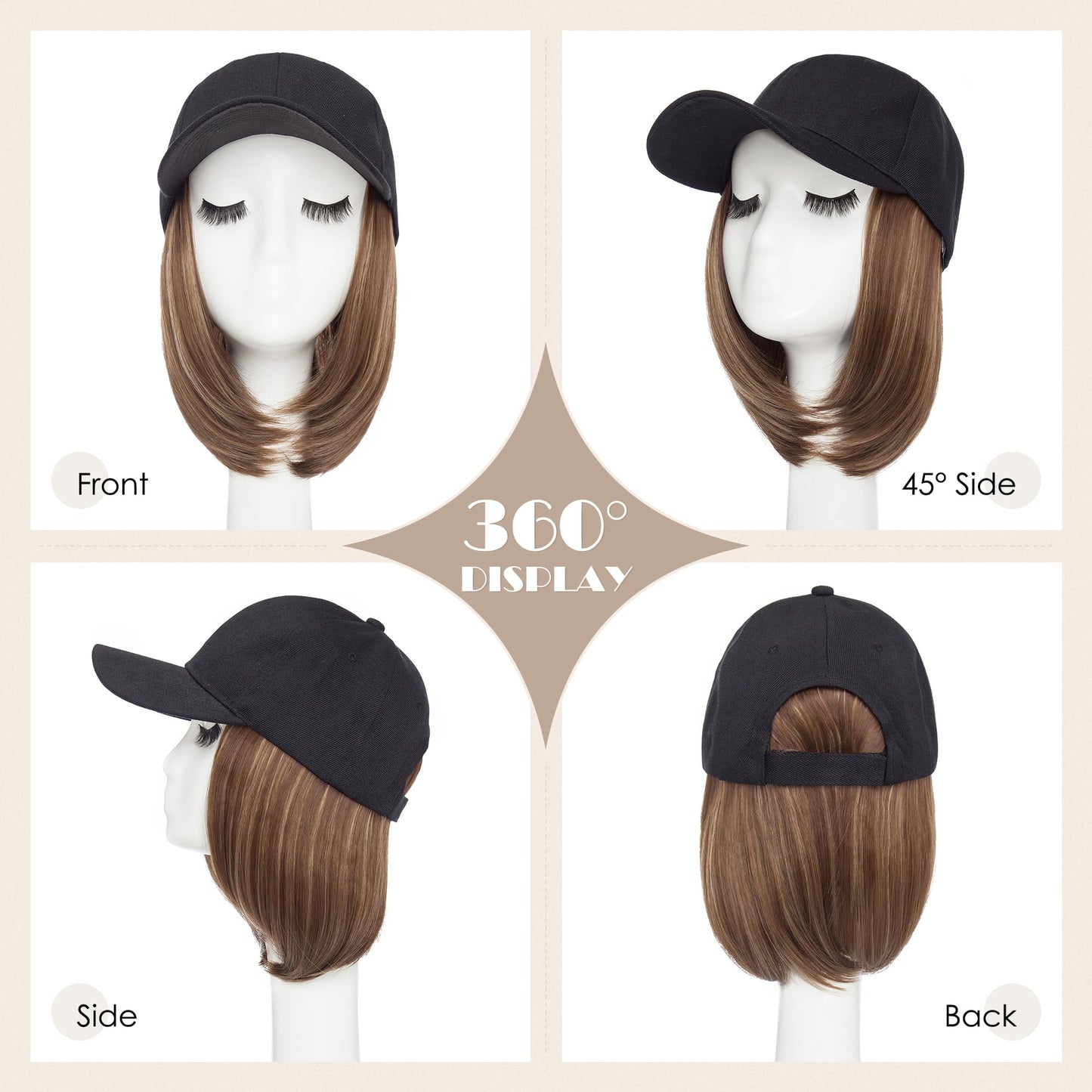 S-noilite Hat Wig for Women, Black Baseball Cap Wig with Short BOB Hair Attached Synthetic Hair Extensions Adjustable, Light Brown Highlighted Blonde