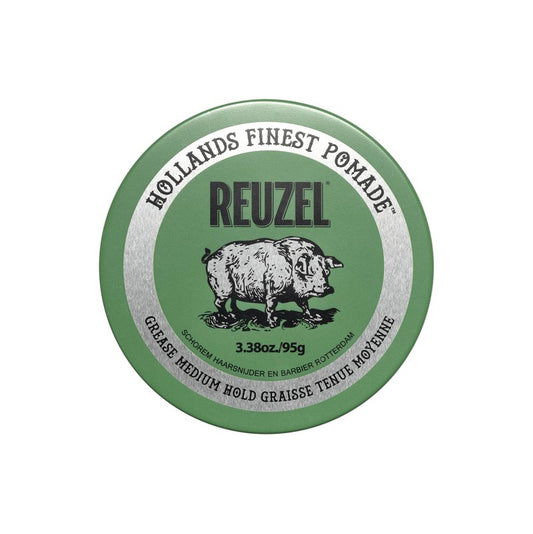 REUZEL Green Grease Pomade, Medium All Day Hold, Oil-Based Styling Wax, Medium Shine, Easy To Wash Out, For All Hair Types
