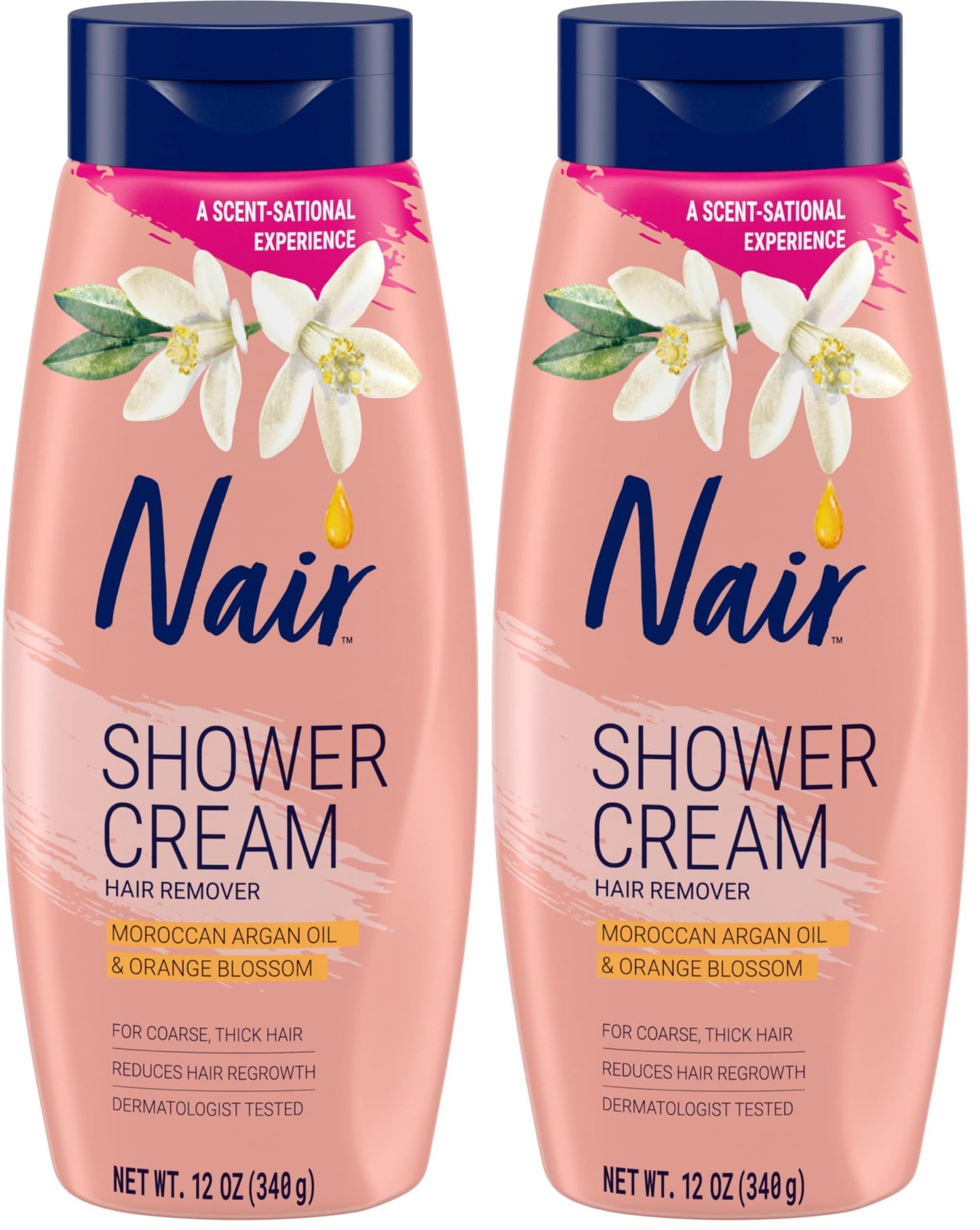 Nair Shower Cream Hair Remover with Moroccan Argan Oil and Orange Blossom, Body Hair Removal Cream for Women, 12 oz (Pack of 2)