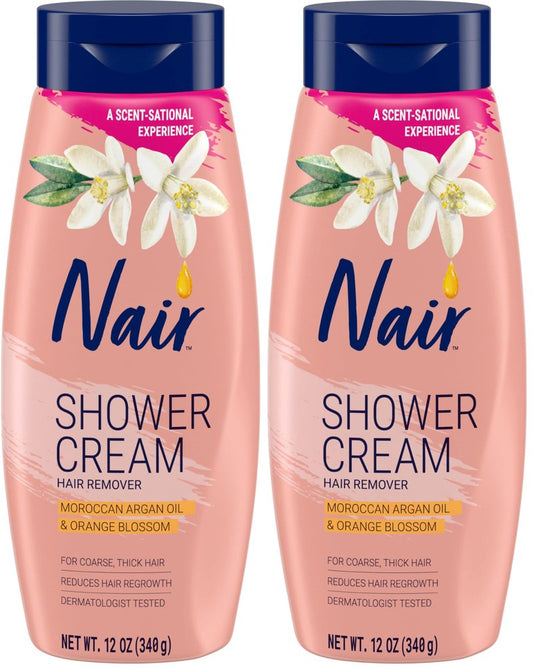 Nair Shower Cream Hair Remover with Moroccan Argan Oil and Orange Blossom, Body Hair Removal Cream for Women, 12 oz (Pack of 2)