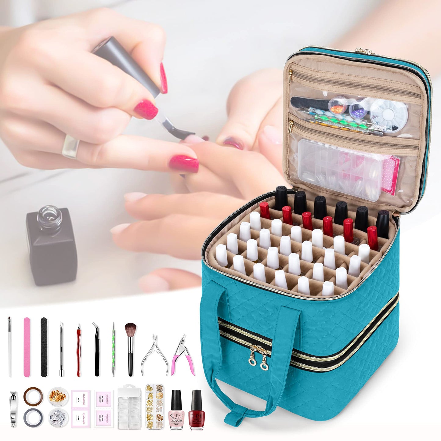 Yarwo Nail Polish Organizer - 72 Bottle Case (15ml/0.5 fl.oz), Detachable 3-Layer Storage Bag with Removable Dividers for Nail Lamp & Tools, Teal