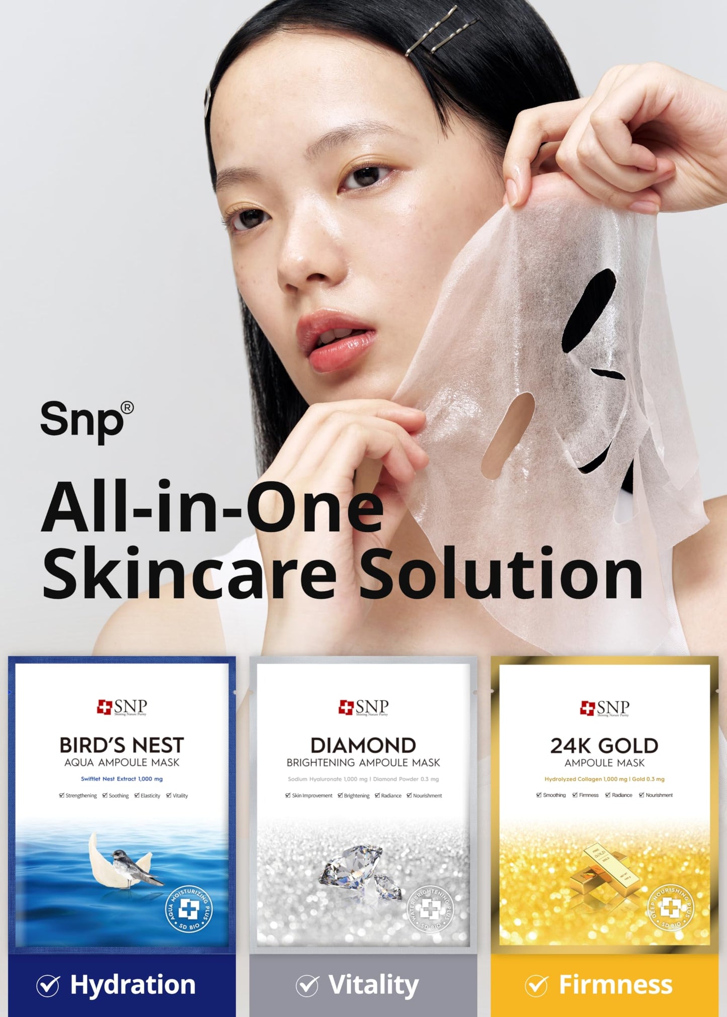 SNP Variety Ampoule Sheet Mask Set | Bird's Nest, 24K Gold, and Diamond Face Mask | Hydrating, Moisturizing, Nourishing for Sensitive Facial Skin | Korean Face Masks Skincare | 12 Sheets