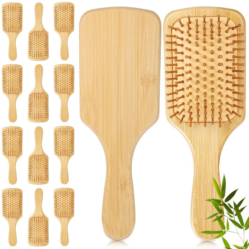 Bamboo Hair Brush Set - 12 Pcs Detangling Paddle Brushes with Round-Tipped Bristles | Lightweight Scalp Massage (9.84'' × 3.4'')