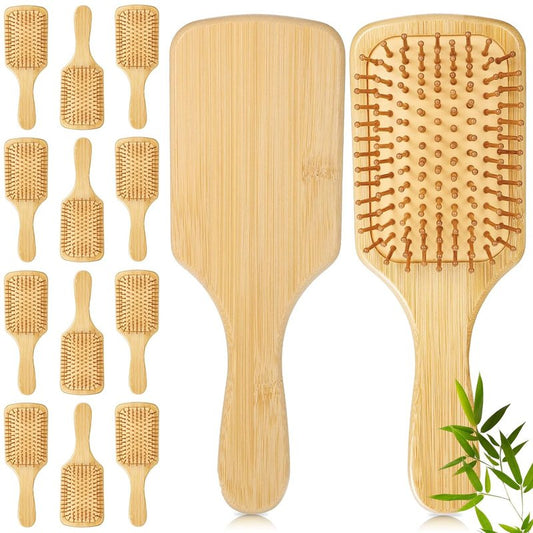 Bamboo Hair Brush Set - 12 Pcs Detangling Paddle Brushes with Round-Tipped Bristles | Lightweight Scalp Massage (9.84'' × 3.4'')