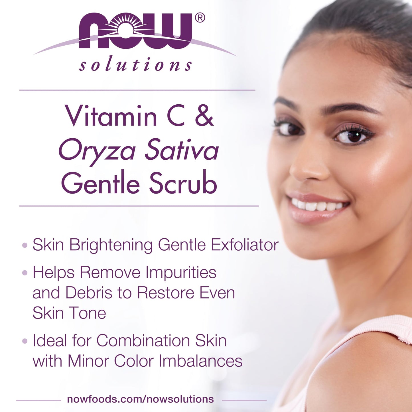 NOW Solutions, Vitamin C and Oryza Sativa Gentle Scrub, Brightening System, Gentle Mild Exfoliation for Daily Use 4-Ounce