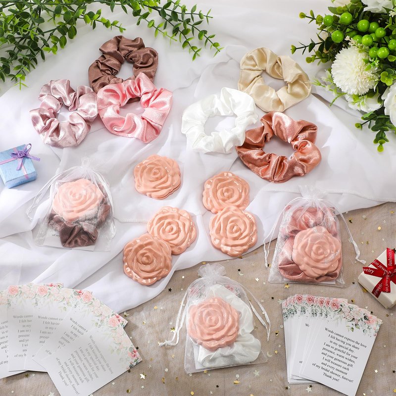 XunYee 30 Sets Rose Compact Mirror Bulk Bridal Shower Favors for Guests Mother's Day Souvenir Gifts Hair Ties Elastic Scrunchies, Thank You Card and Organza Bags for Wedding Quinceanera(Pink)