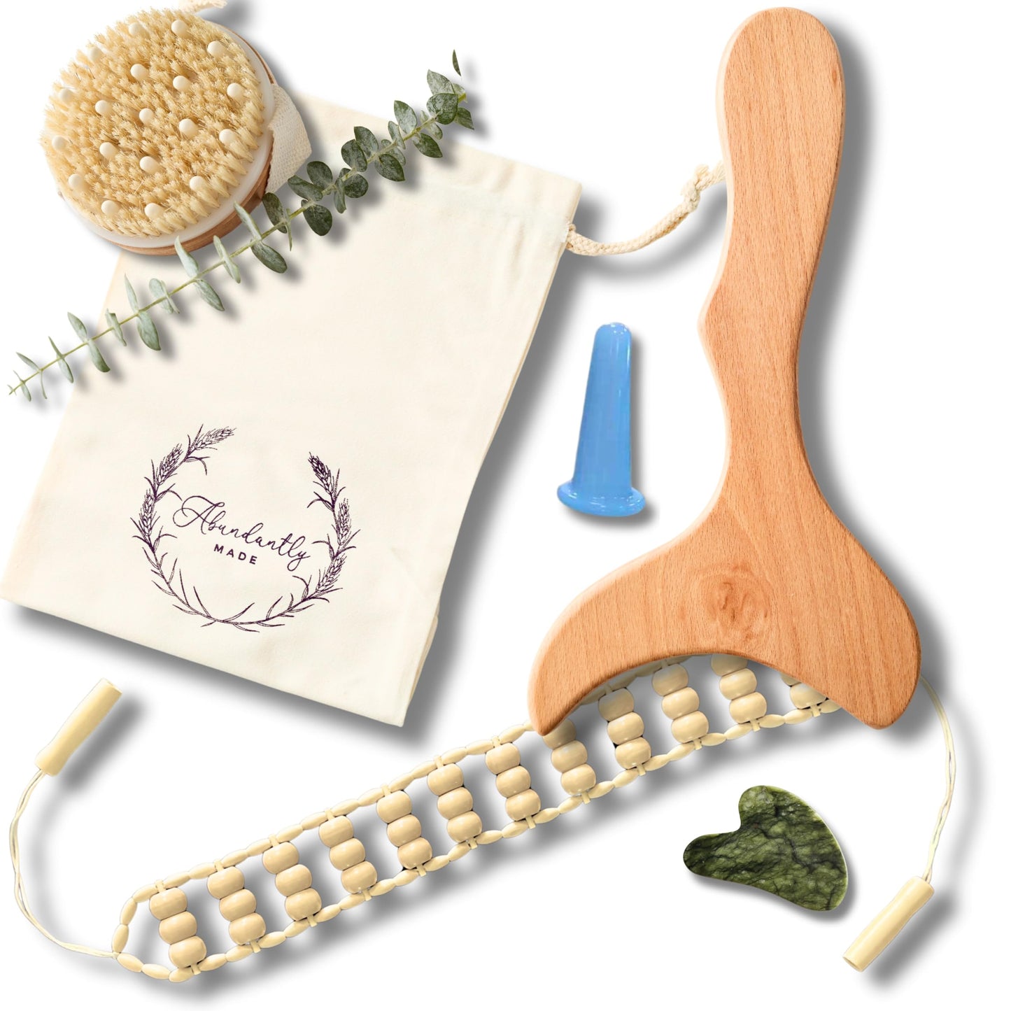 7-Piece Lymphatic Drainage Massage Kit | Dry Brush, Wooden Paddle, Rope Roller, Jade Gua Sha, Silicone Cup, Linen Bag & E-Book | Wood Therapy, Maderoterapia & Body Sculpting Tools