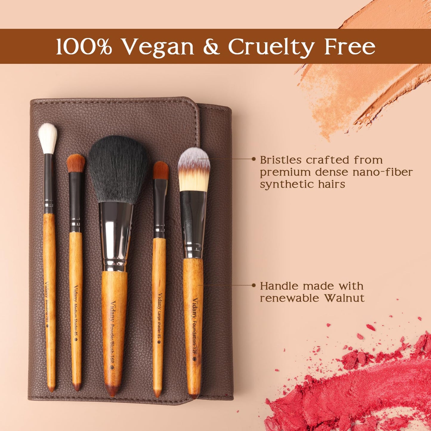 Vidany Makeup Brush Set,15pcs Walnut Wooden Makeup Brushes With Leather Button Bag, Professional Makeup Brushes For Foundation Concealer Kabuki Blush Eyeliner Shadow Brow, Makeup Brush Sets & Kits