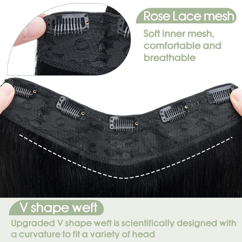 One Piece Clip-In Hair Extensions - Human Hair V Part Weft, Thicker Lace Net, 14" | #01 Jet Black