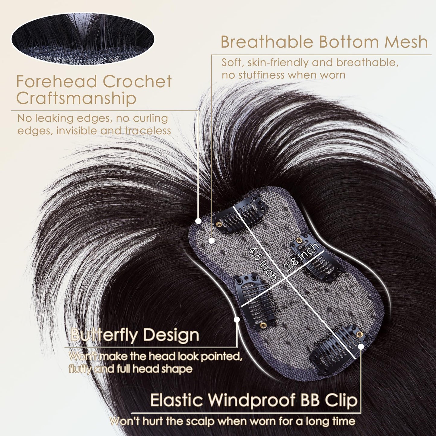 Inifale Hair Toppers for Women Clip in Bangs Real Human Hair,10 Inch 30g Brown Black Topper for Women 150% Density Silk Base Clip in Pieces Straight Hair for Thin Hair Daily Use