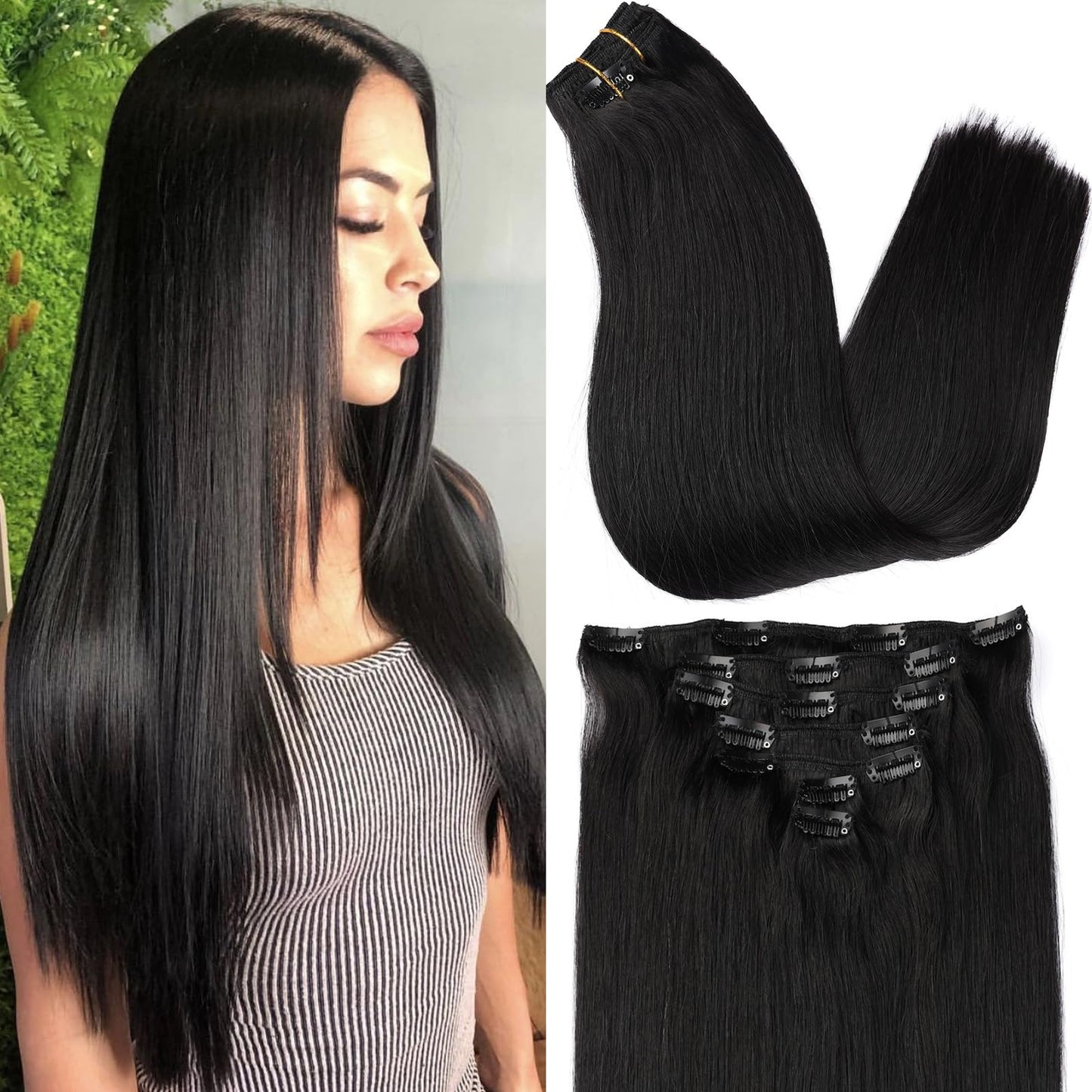 ORIGEN Clip in Hair Extensions Real Human Hair Clips ins Remy Hair Extensions for Women Full Head Natural Black 80g 16 Clips 7 Pcs 14 Inches