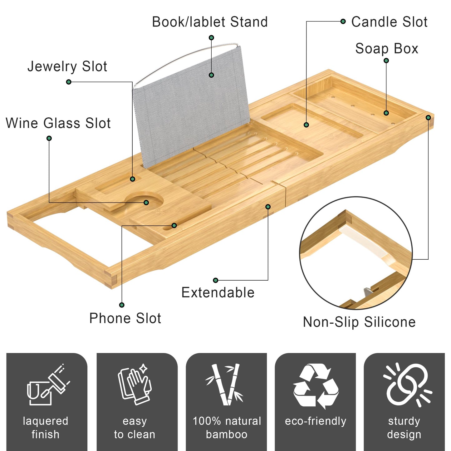 Bamboo Bathtub Tray Caddy, Foldable Bath Tray for Tub