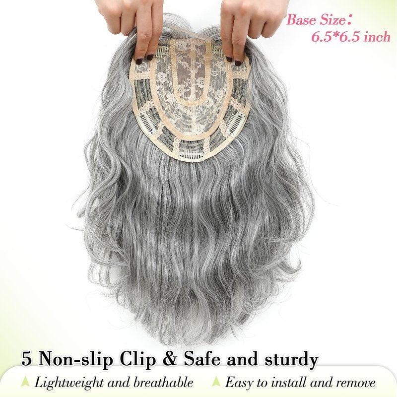 Ms Taj 11 Inch Short Wavy Salt and Pepper Hair Topper for Women with Thinning Hair, Natural Synthetic Lightweight Hairpiece for Women with 6.5"x6.5" Base, Instantly Adds Volume（Silver Grey）