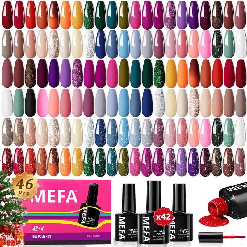 Mefa Christmas Gel Nail Polish Kit - 46 Pcs with 42 Colors, Base & Top Coats | DIY Nail Art Set for Beginners