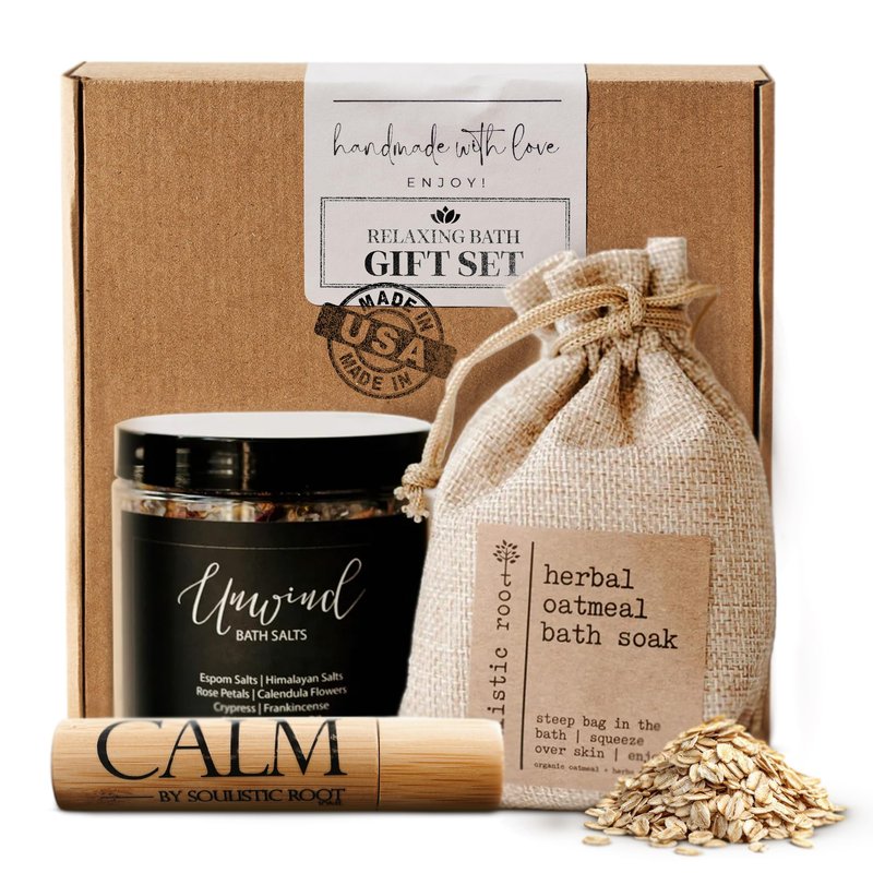 SOULISTIC ROOT Revitalizing Bath Gift - Premium Self-Care Bath & Body Set with Lavender Oatmeal Soak, Tranquil Essential Oil Roller, Epsom Salt Soak, Home Spa Kit, Ready-to-Gift Box