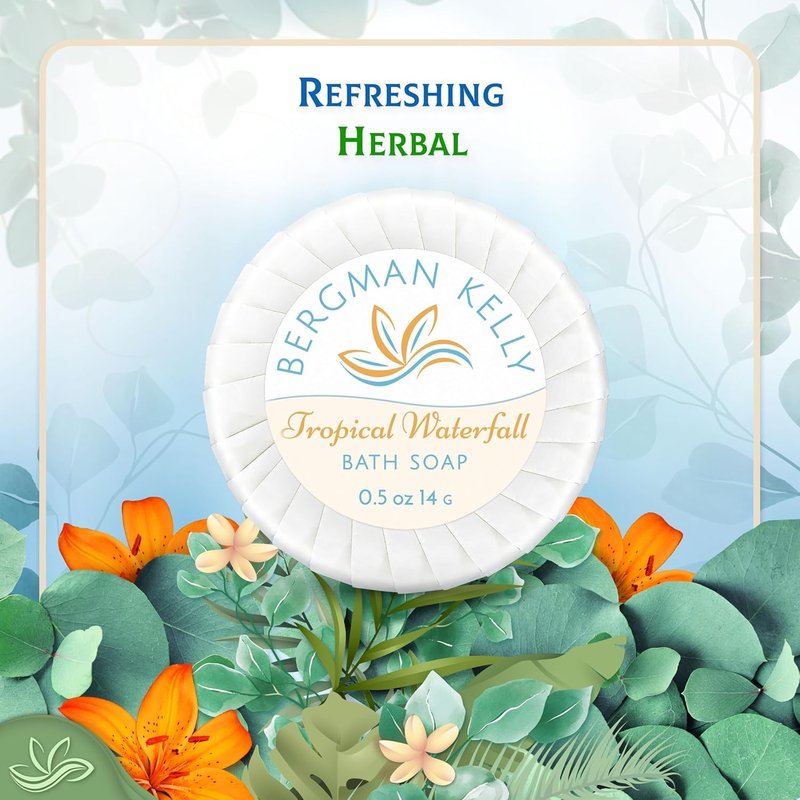 Bergman Kelly Hotel Soap Bars | Tropical Waterfall Scent, 0.5 oz, 100 Pack - Travel Size Mini Toiletries for Airbnb & Motels