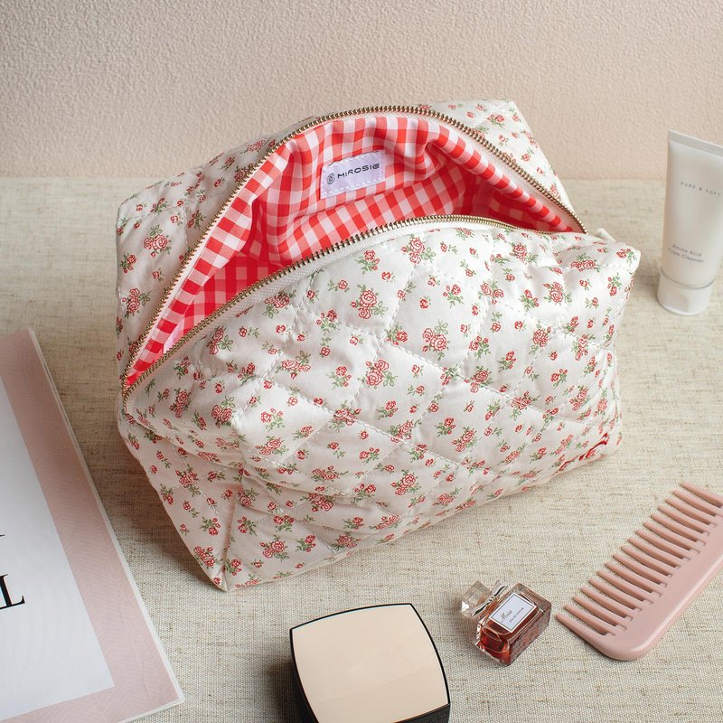 MIROSIE 2-Piece Handmade Cotton Quilted Makeup Bag Set, Floral Cosmetic & Skincare Organizer Zippered Pouch for Women & Girls, Travel Toiletry Bag for Essentials,Rose