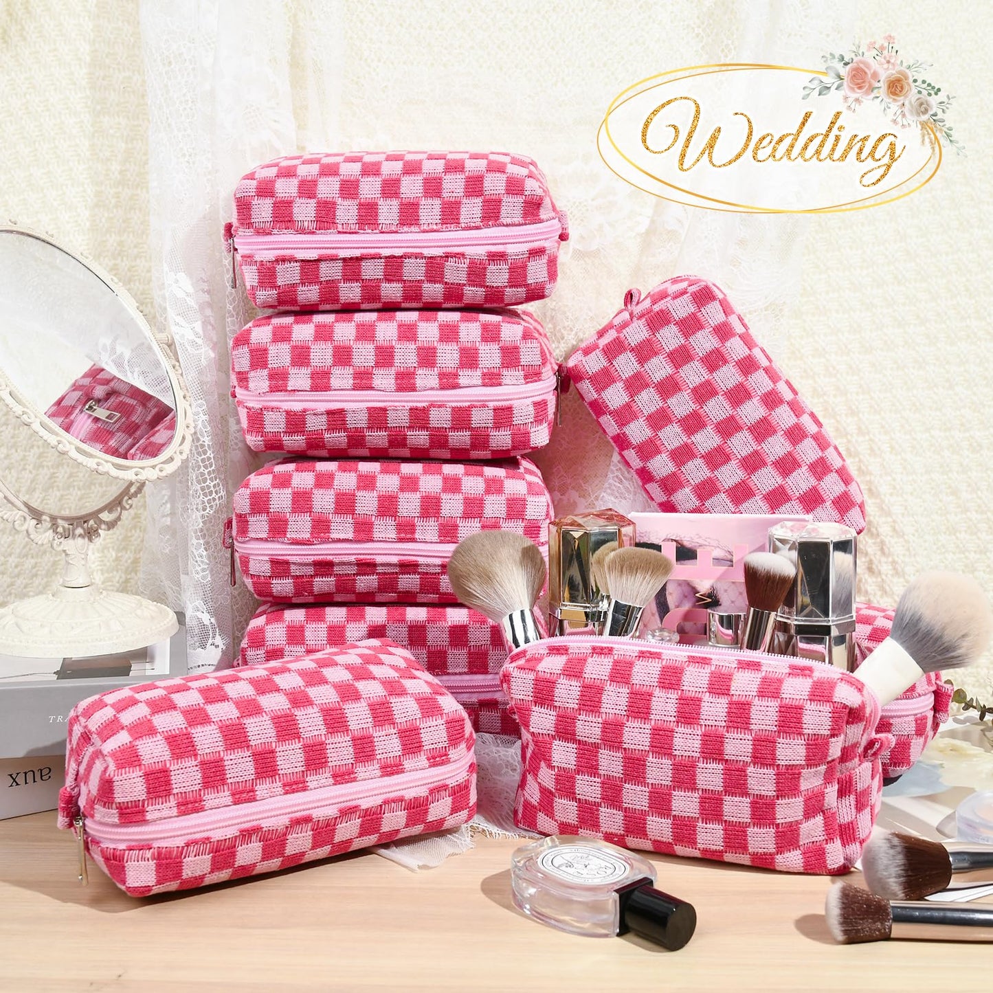 8 Pcs Checkered Makeup Bag Bridesmaid Proposal Gifts Makeup Pouch Bulk for Wedding Party Favors Bachelorette Party Decorations Toiletry Organizer Bag Cosmetic Case Gift