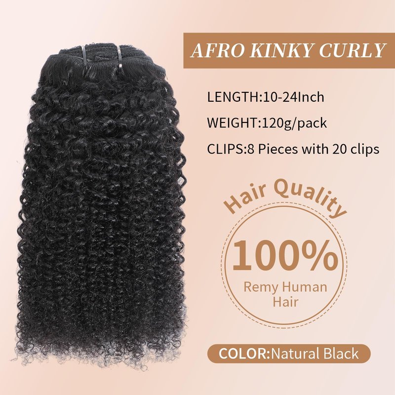 Afro Kinky Curly Clip Ins Human Hair 4C Hair Clip in Extensions Real Natural Human Hair for Black Women 8 pecs with 20 Clips 120g Natural Black Color 14 Inch