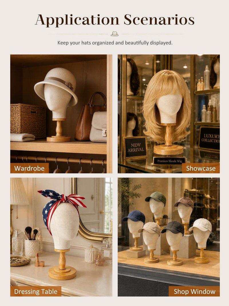 CHADWICK Wig Head Stand Mannequin Head Hat Display Stand Linen Wig Holder, Hat Rack Fabric Head, Canvas Dome + Detachable Wood Stand, Wig Display Model Head Wig Stand for Wigs, Hats, Caps, Headdress