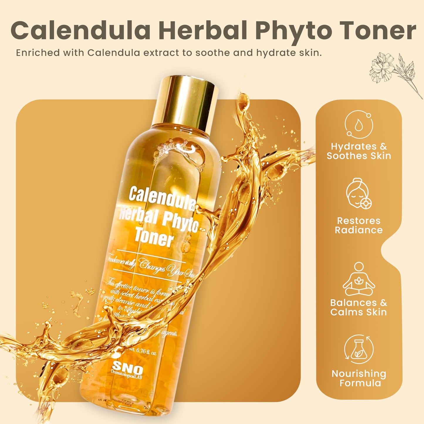 SNO Calendula Herbal Phyto Toner, 6.76 fl oz, Calendula Officinalis Flower Extract Korean Skin Care