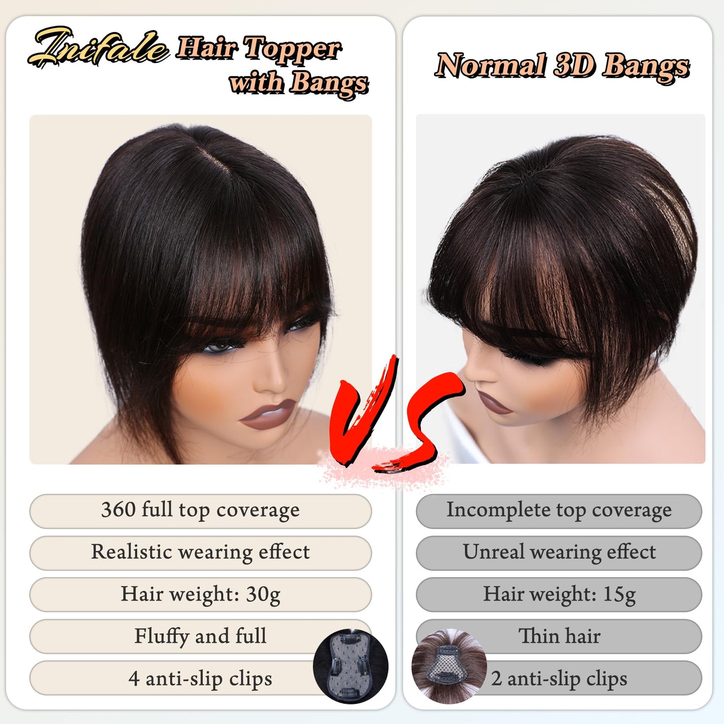 Inifale Hair Toppers for Women Clip in Bangs Real Human Hair,10 Inch 30g Brown Black Topper for Women 150% Density Silk Base Clip in Pieces Straight Hair for Thin Hair Daily Use