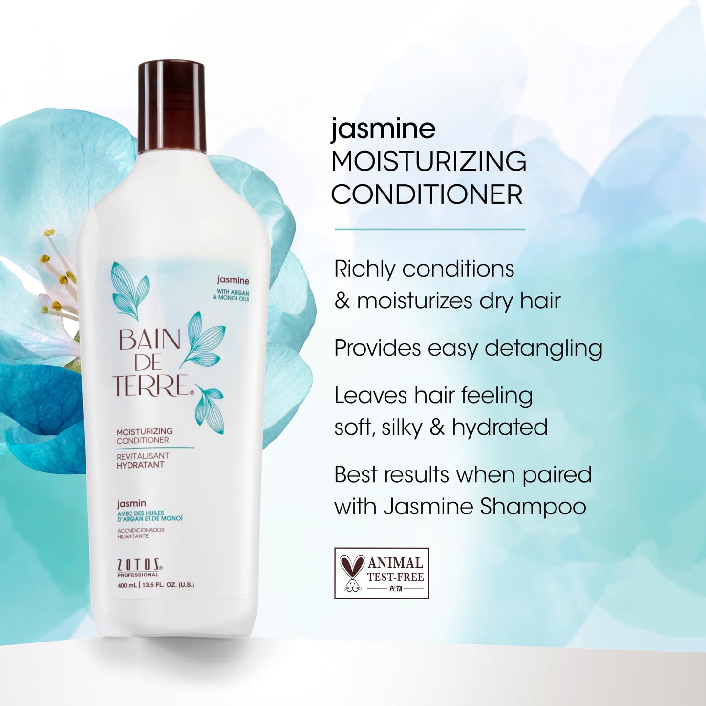 Bain de Terre Jasmine Moisturizing Conditioner, Rich Hydration for Dry Hair, with Argan & Monoi Oils, Paraben-Free, Color-Safe, Vegan, 33.8 Fl Oz